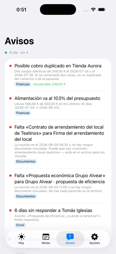 Pantalla de avisos: cobro duplicado detectado, presupuesto pasado y dos reuniones sin el documento que hace falta.