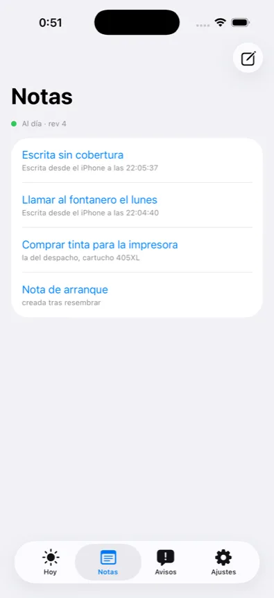 Pantalla de notas, sincronizadas con el ordenador.